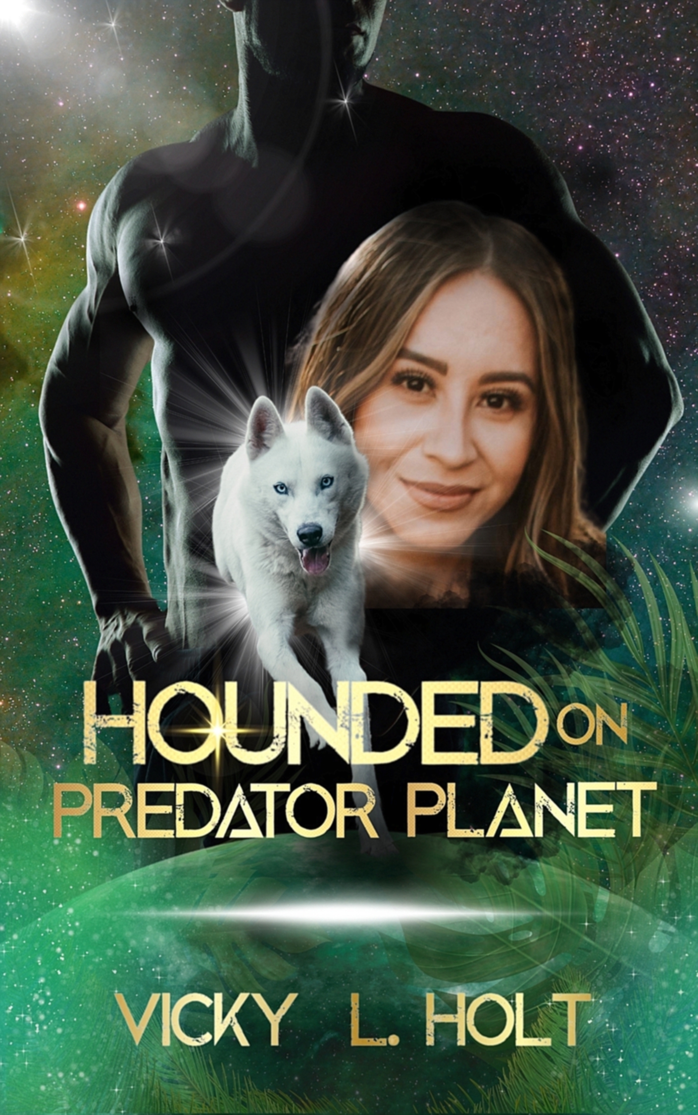 The cover of the book, Hounded on Predator Planet, features a running white wolf and a smiling hispanic/LatinX woman