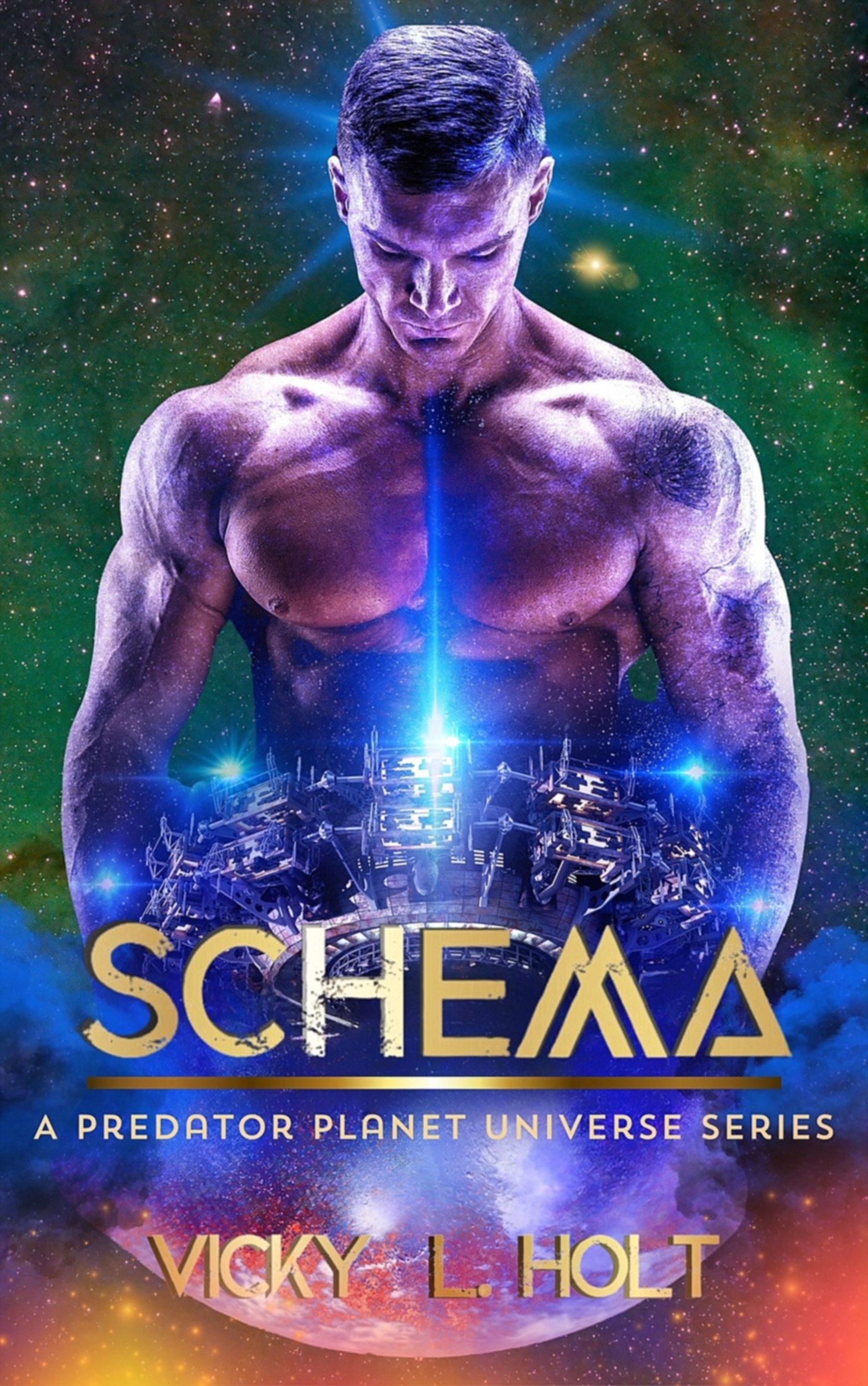 Schema Cover Small File muscled man on starry background looks at alien technology